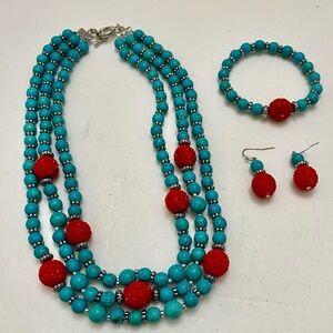 Vintage, 3-pc Turquoise-Coral Beaded Necklace, Bracelet and Earrings Set